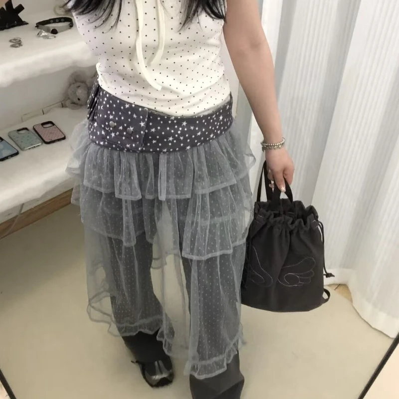 Korea Chic Print Polka Dot Star Skirt New Lace Patchwork Hollow Out Mujer Faldas Slim Cake Mesh All-match Fart Curtain