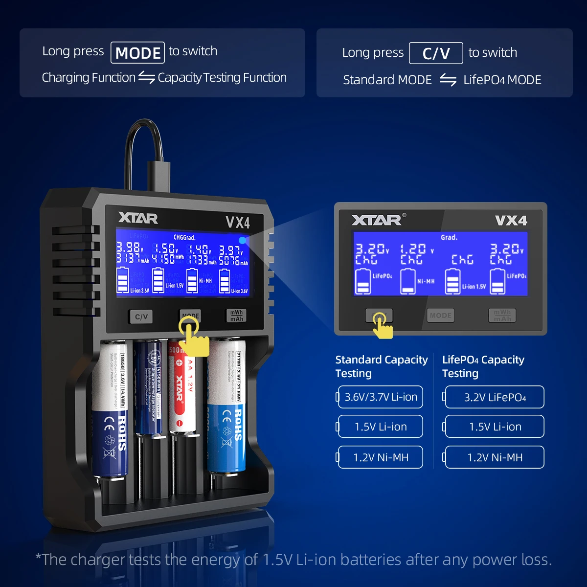 Imagem -04 - Xtar Vx4 18650 Carregador de Bateria Recarregável Aaa aa Li-ion Ni-mh Lifepo4 Bateria 20w Carregamento Rápido com Display Lcd Led