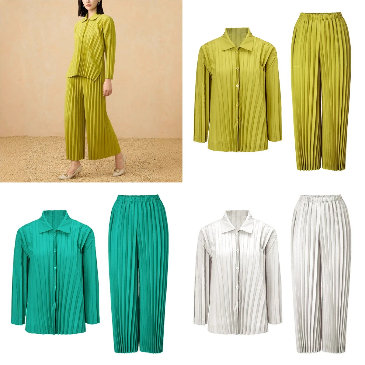 

Miyake Fold 2025 Autumn Solid Color Organ Fold Set Women's Casual Loose Hundred Fold Shirt Wide Leg Pants Two Piece Set Autumn