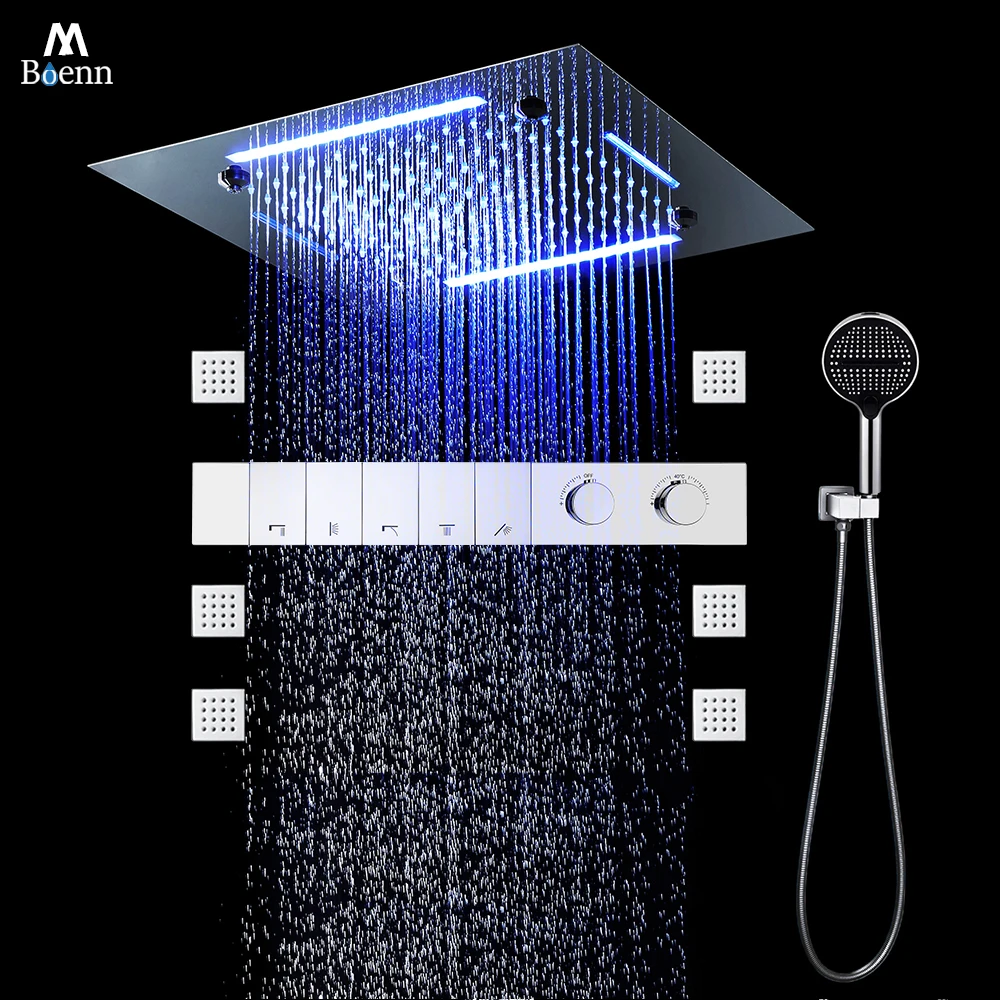 

M Boenn хромированный душевой набор, система, 5 функций, термостатический смеситель кнопочного типа, смеситель для ванной комнаты, потолочный 20-дюймовый душевой насадки с дождевой насадкой