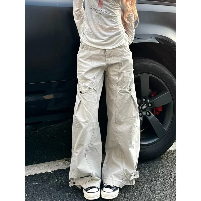 

Y2K White Jeans Women Hip Hop Fashion Vintage High Waisted Cargo Jeans Streetwear Casual Loose Pockets Girl Wide Leg Denim Pants