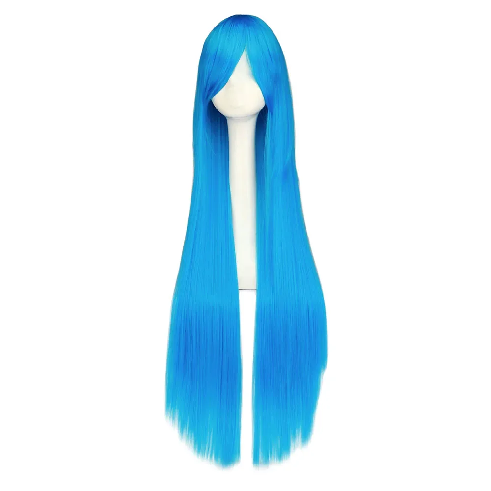 QQXCAIW-Peluca de pelo sintético azul largo para disfraz de Anime, cabellera recta resistente al calor, 100cm