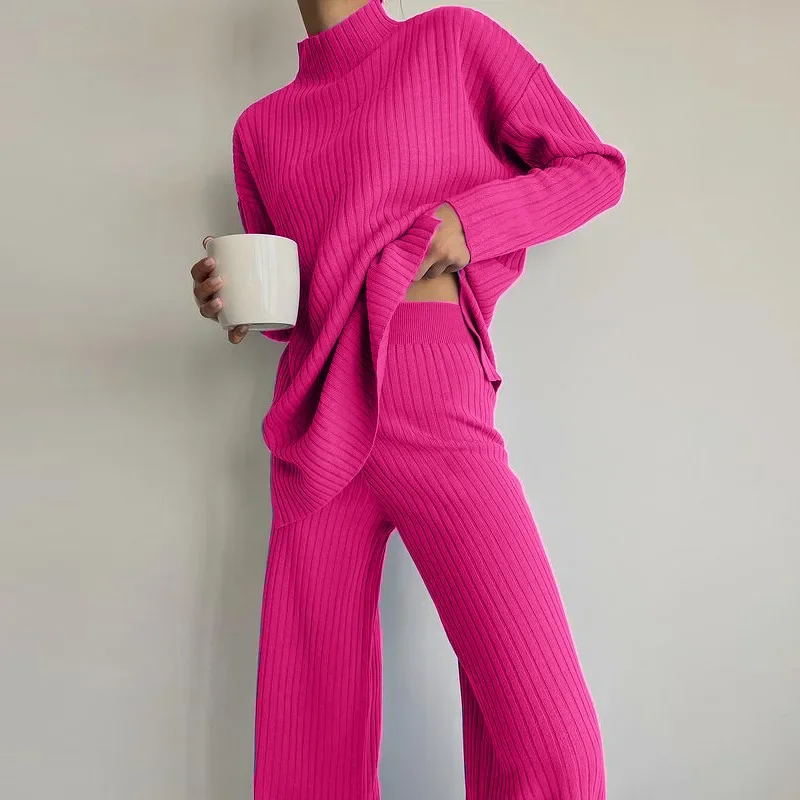 Solid Color Knitted Two-piece Set, Casual Semi-high-neck Long Sleeve Top+High-waisted, Wide-legged Pants Women Autumn and Winter