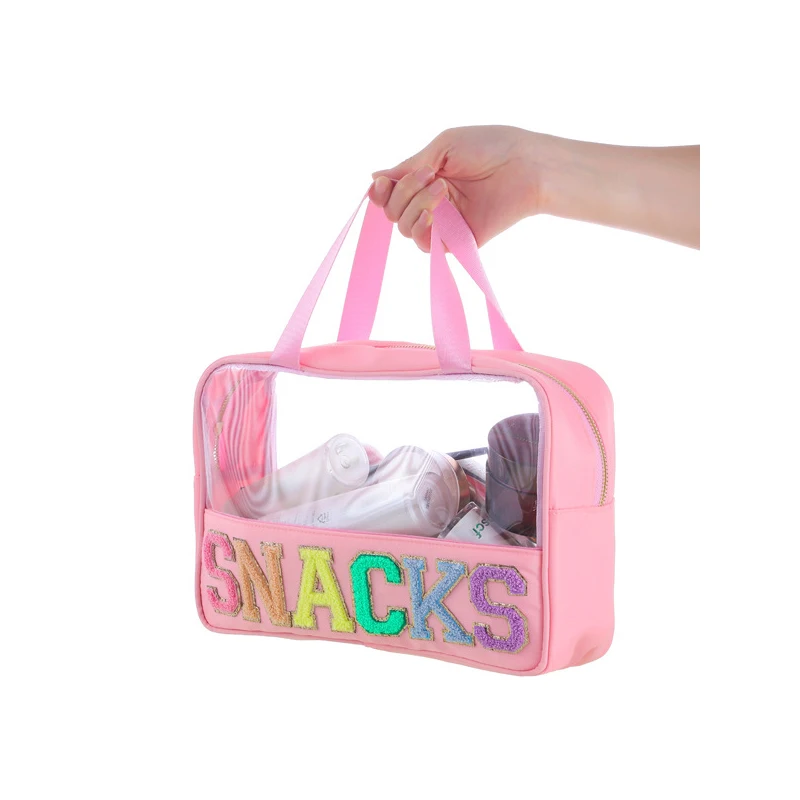 SNACKS Letter Cosmetic Bag Women Travel Pvc Toiletry Bag Organizer Waterproof Transparent Makeup Bag Clear Handle Toiletry Bag