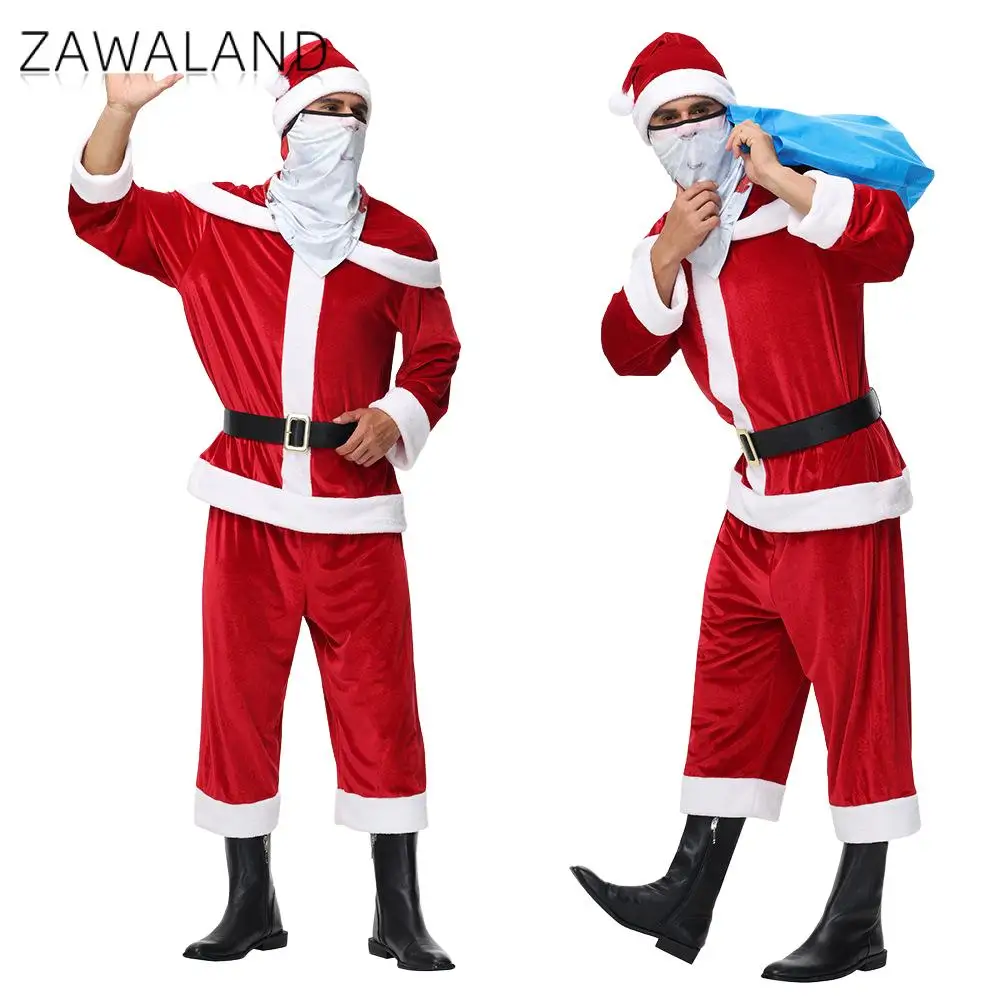 Zawaland Christmas Men Costumes Cosplay Santa Claus Outfits Pants Tops Hat Belt Accessories Set Christmas Fancy Party Xmas Gifts