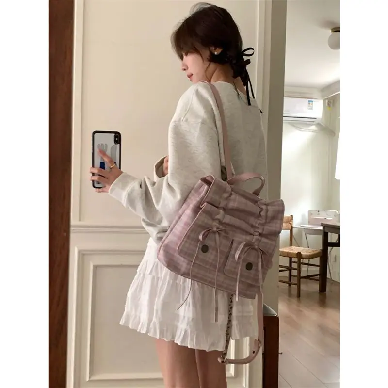 

Ladies Bag Pink Ballet Style Bag Large Capacity Backpack Pleated Bow Korean Version Backpack Mochilas De Mujer School Backpack