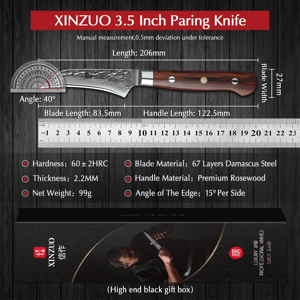 XINZUO 3.5\'\' inch Fruit Knife Stainless Steel Kitchen Accessories Vegetable Slicer Paring Knives Damascus Blade Rose Wood Handle