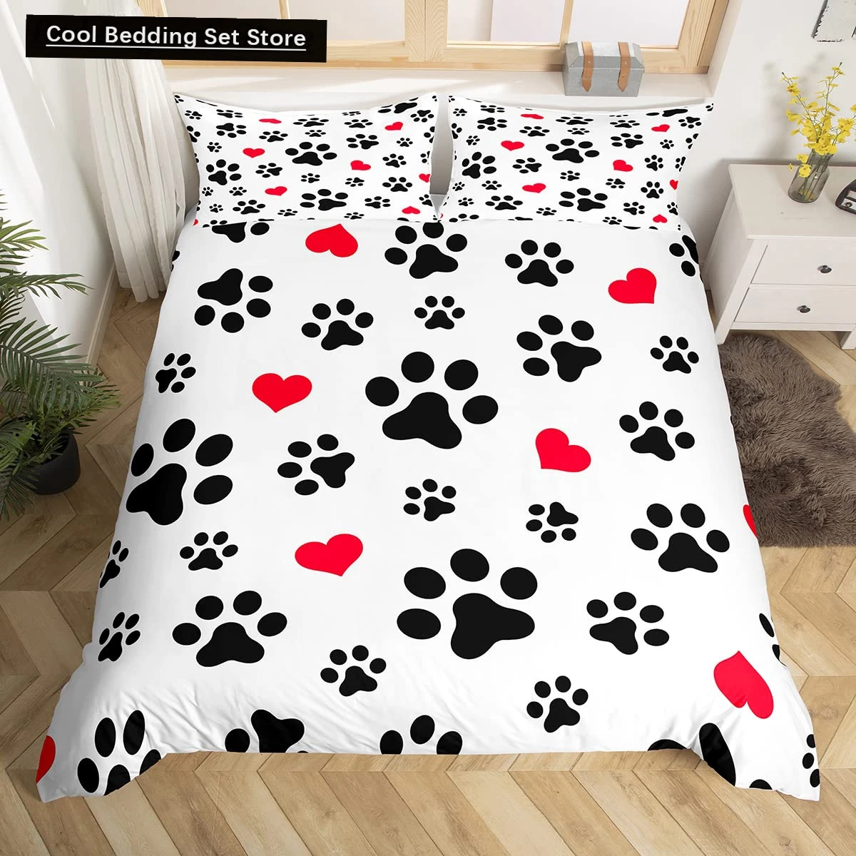 

Black Dog Paw King Queen Duvet Cover Puppy Footprints Bedding Set Cat Paw Red Heart Love Comforter Cover Microfiber Quilt Cover