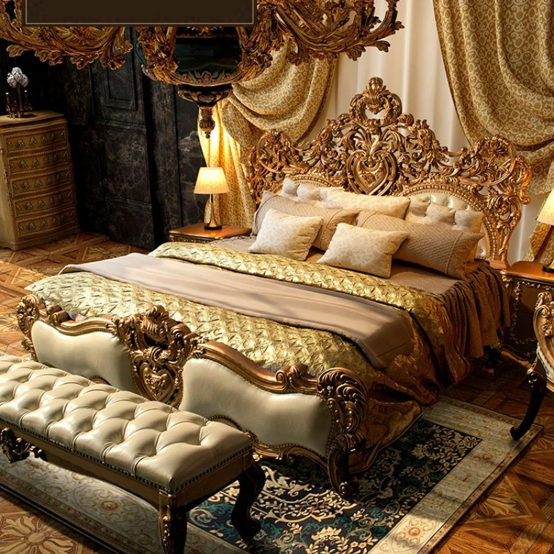 

High quality Italian solid wood double bed French palace luxury princess bed villa leather bed customization bedroom set