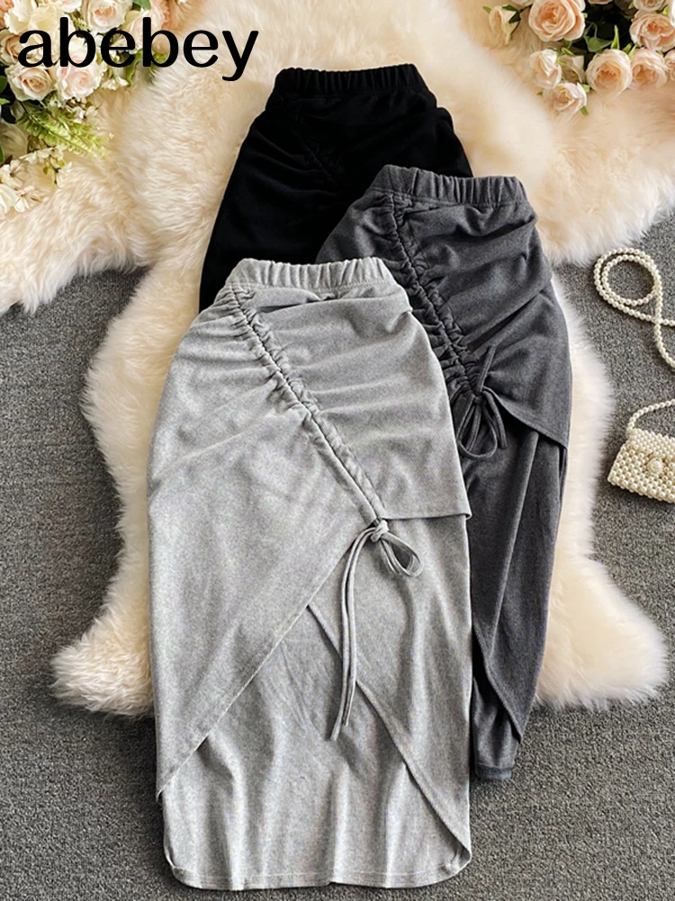 

2026 женская вязаная юбка, сексуальная юбка-миди с рюшами и рюшами, модная уличная одежда, однотонная вечерние клубная юбка с высокой эластичной резинкой на талии