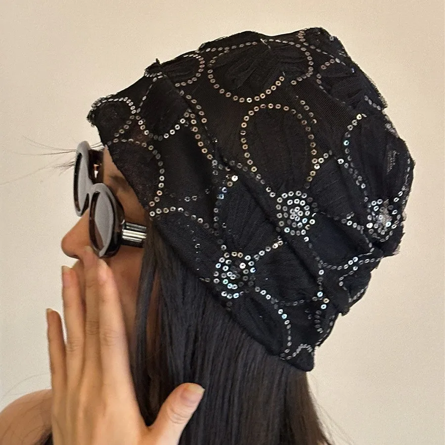 Fashion Lace Sequin Flower Pull-On Hat for Women, Vintage Japanese Style Mesh Turban, Summer Net Veil Hat