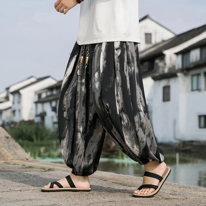 

Men's Summer Loose Ice Silk Casual Pants Watercolor Resistant Harajuku Sle Baggy Harem Pants Breathable Loose Fit Trousers