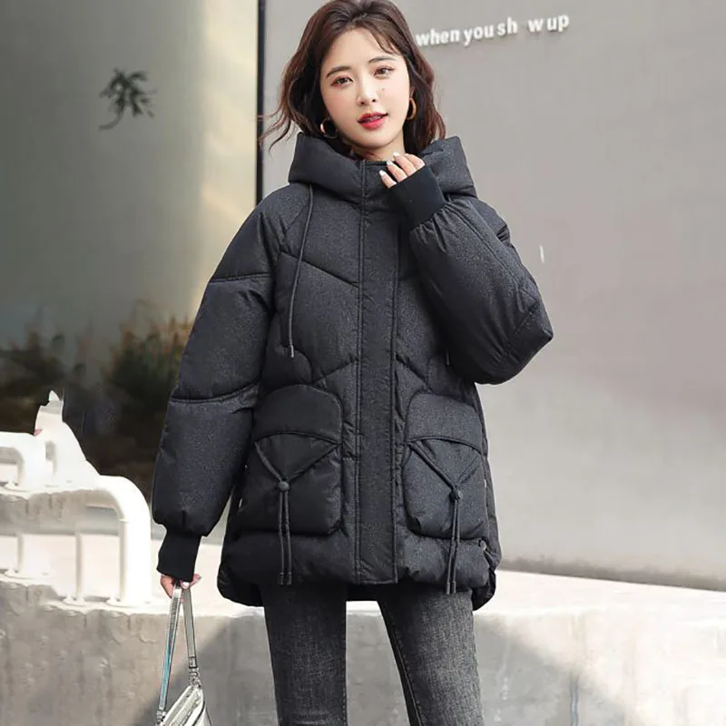 新しい冬の女性のダウンコットンジャケット、光るルーズフード付きパーカーコットン服アウターウェア女性の厚い暖かいパッド入りジャケット
