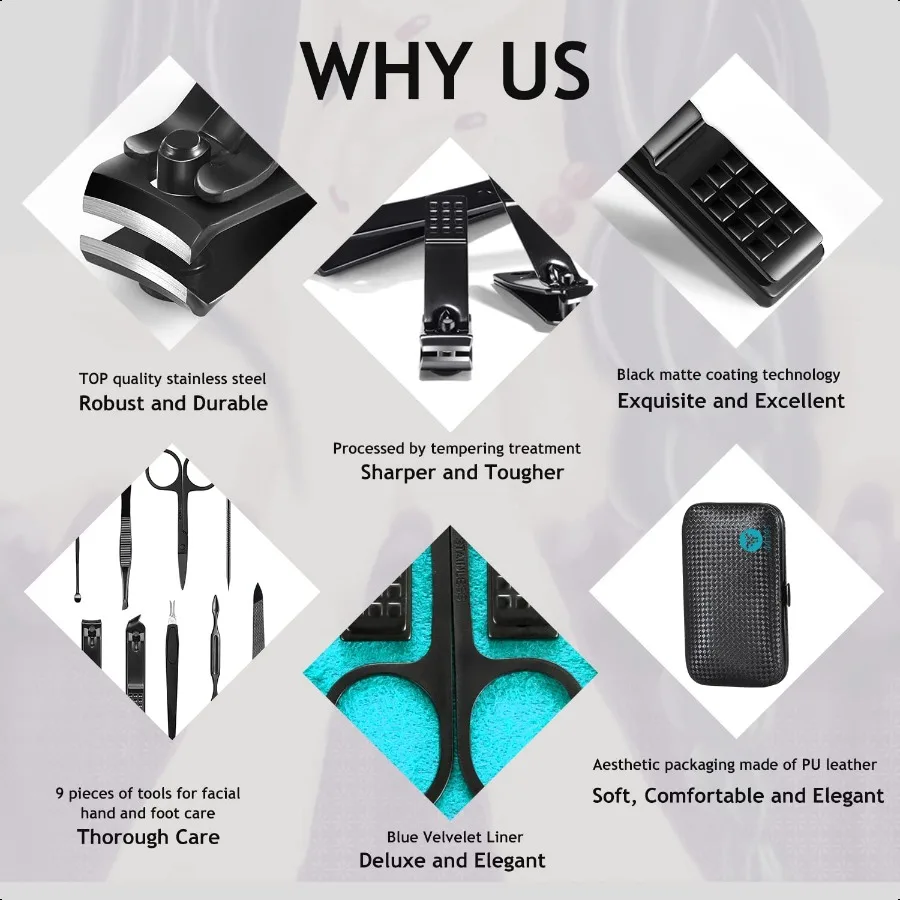 Ensemble de manucure 9 en 1, coupe-ongles en acier inoxydable, ciseaux, Kit d'outils de pédicure, Kit de toilettage de voyage Portable pour hommes et femmes avec