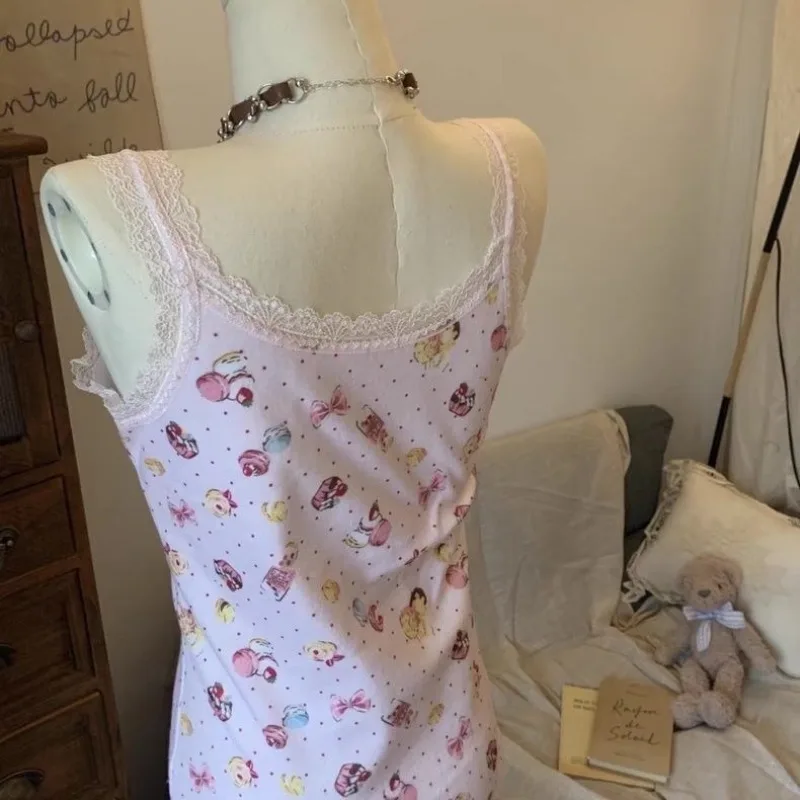 اليابانية لطيف الحلو كعكة طباعة تانك القمم Kawaii أكمام الدانتيل حافة القوس بروتيل الصيف عادية رقيقة لينة القمم خارج المرأة 2025 #5