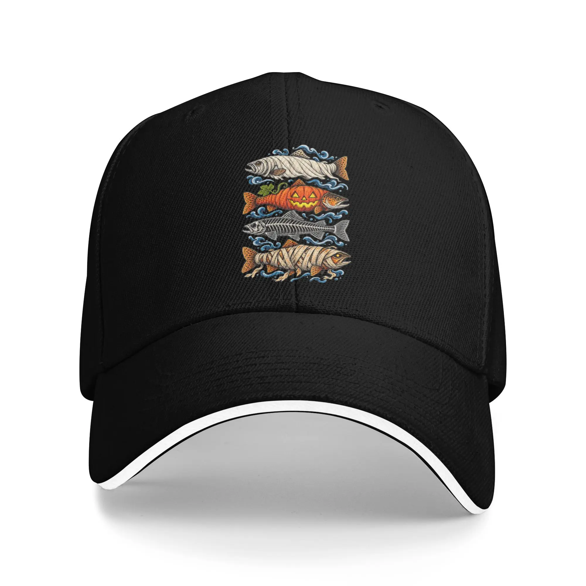 Halloween Trout Fish Ghost Pumpkin Sandwich Baseball Cap Retro Skeleton Mummy Unisex All Seasons Adjustable Sun Cap Gift Hats