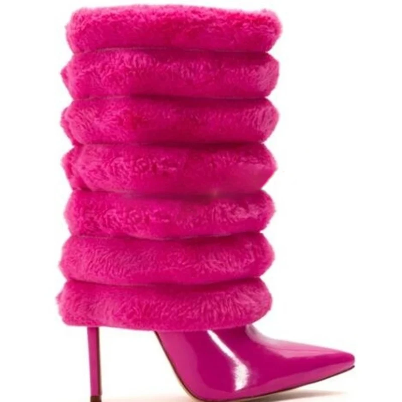 

Sexy Fuchsia Circled Fur Knee Boots Stiletto High Heels Fluff Fur Patchwork Pointed Toe Slip On Fashion Runway Woman Boots