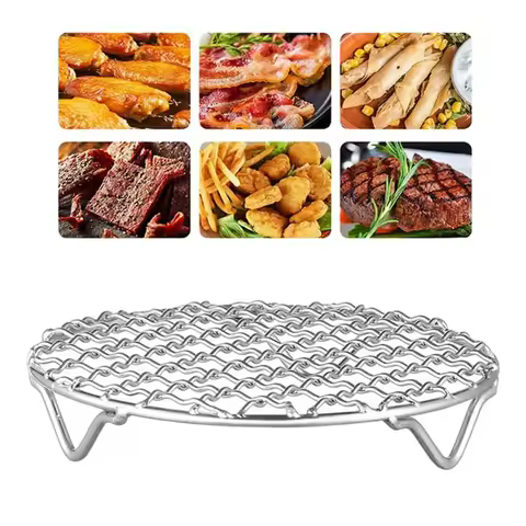 Portable Round Air Fryer Rack Stackable with Foot Grid Grill Stainless Steel Cooling Rack Home Kitchen Oven Steamer Cooker
