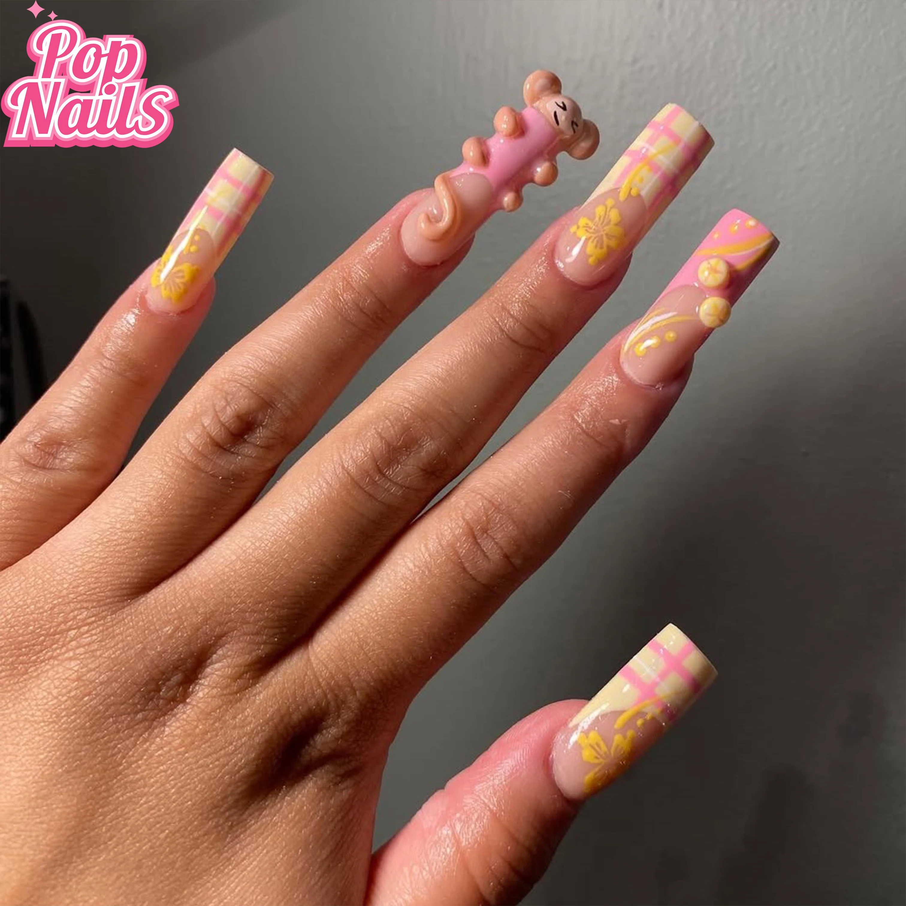 

Длинные квадратные ногти в виде обезьяны 3D Пресс на акриловые французские ногти ручной работы Высокое качество Розовый Желтый Плед Толстые прессы Обезьяна Nail Art