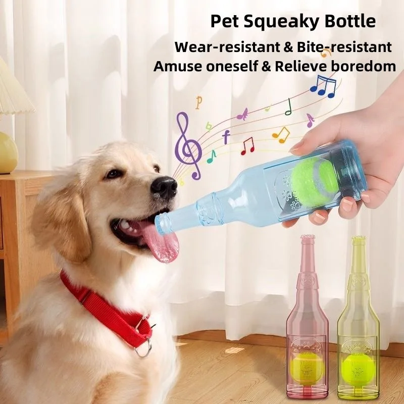 Squeaky Silicone Beer Bottle Dog Chew Toy with Tennis Ball Bite-Resistant Interactive Puppy Teething Toy for Teeth Cleaning