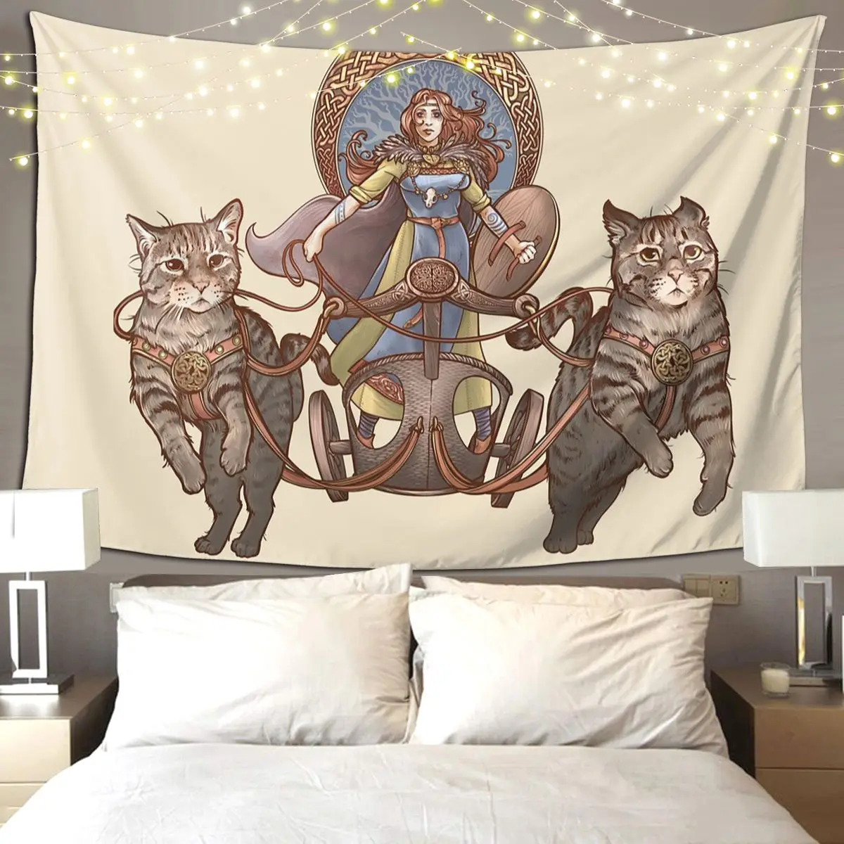 

Фрейя вождение ее кота колесница гобелен забавный настенный эстетический гобелен для украшения дома для гостиной спальни комната в общежитии