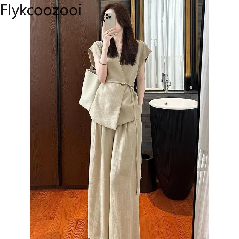 

Asymmetric V-neck Flying Sleeve Lace-up Slim Vest Top Women Empire-waisted Wide Leg Pants Summer Office Lady Elegant Outfit