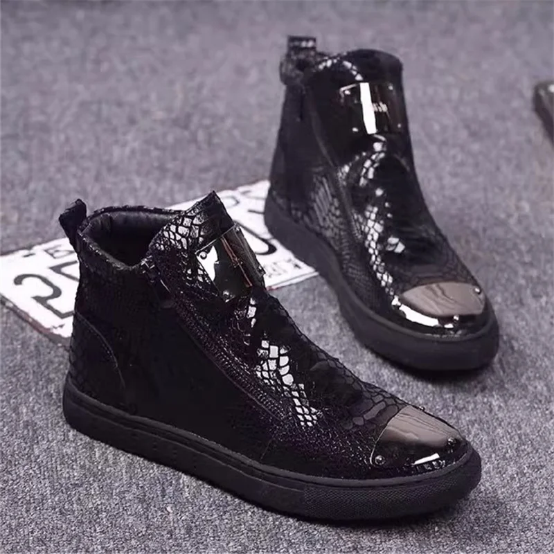 

Ankle Casual Shoes Men's Black Snake Skin Leather High Top Shoes British Men's Fashion Short Boots Male Boots Cool Punk Version