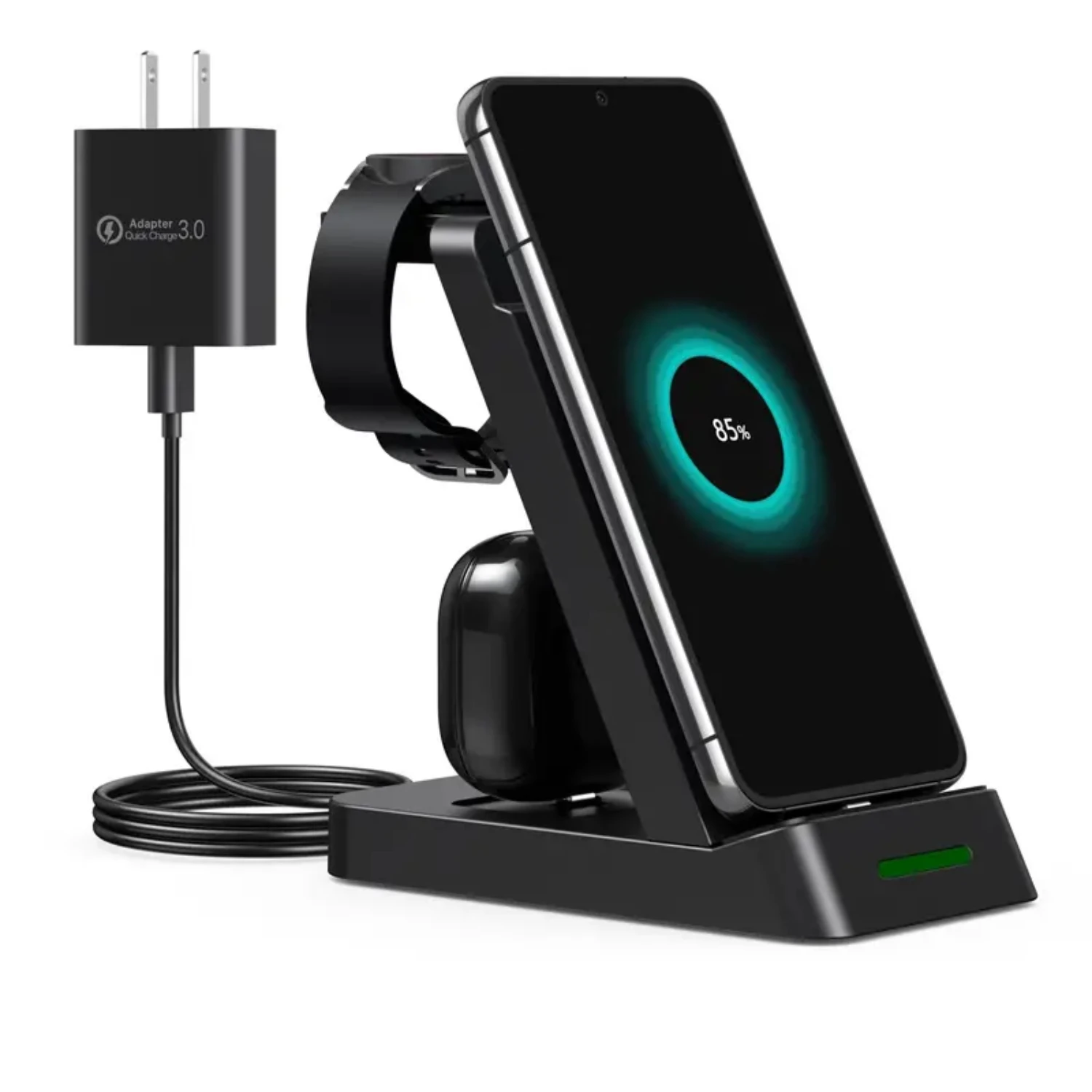 

Ultimate Efficient and Quick Multifunctional 3-In-1 Wireless Charger Station with QC3.0 Adaptor for iPhone, iWatch, and AirPods