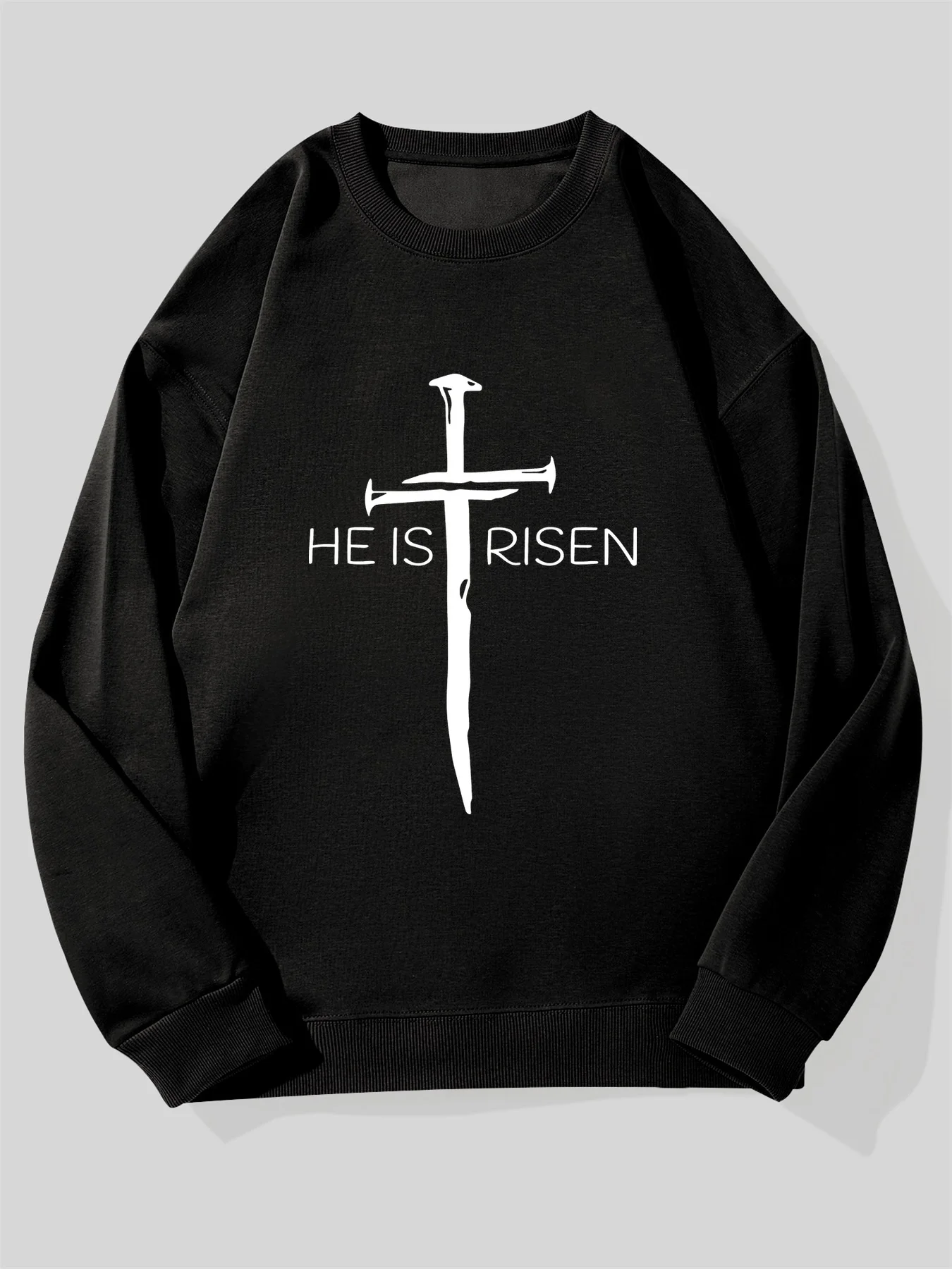 سويت شيرت رجالي برسومات HE IS RISEN - بلوفر كاجوال برقبة دائرية باللون الأزرق الداكن مع تصميم متقاطع، مقاس فضفاض، #1