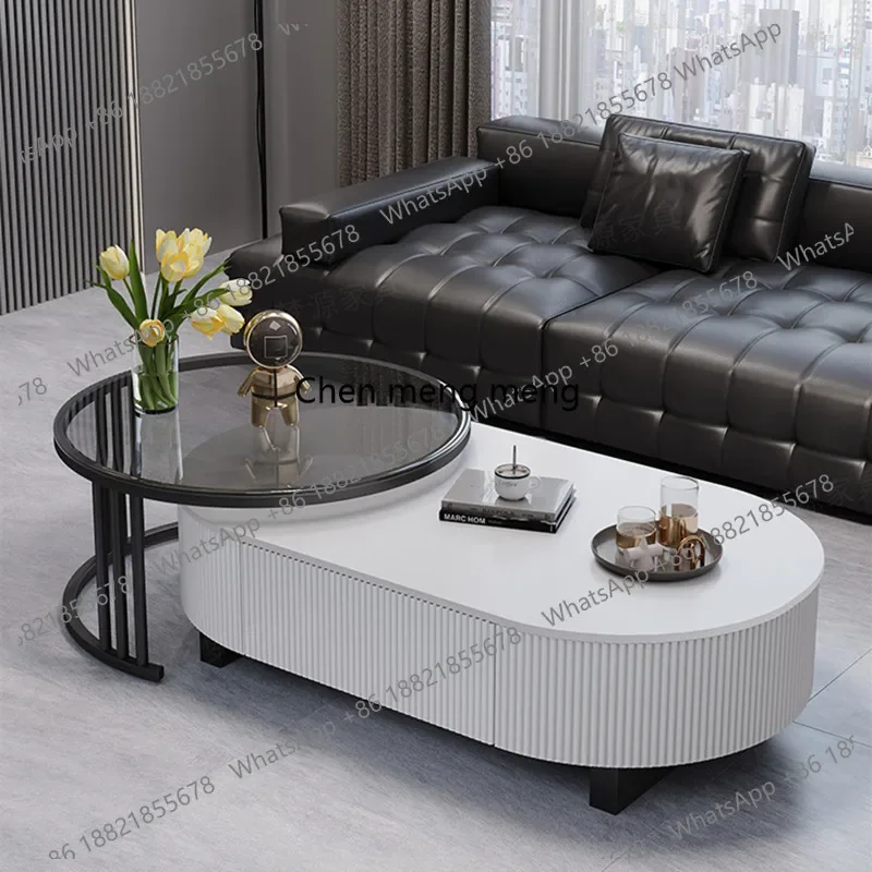 

RR Oval Nesting Coffee Table Set Of 2 With Drawer Storage Modern Coffee Table With Marble Texture Top For Living Room Center Tab