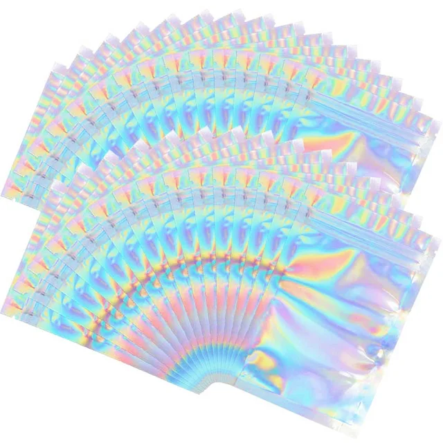 Mylarowe holograficzne torby z możliwością ponownego zamykania Torby odporne na zapachy Torby foliowe Ziplock na imprezę Przechowywanie żywności Opakowanie na biżuterię 7 rozmiarów