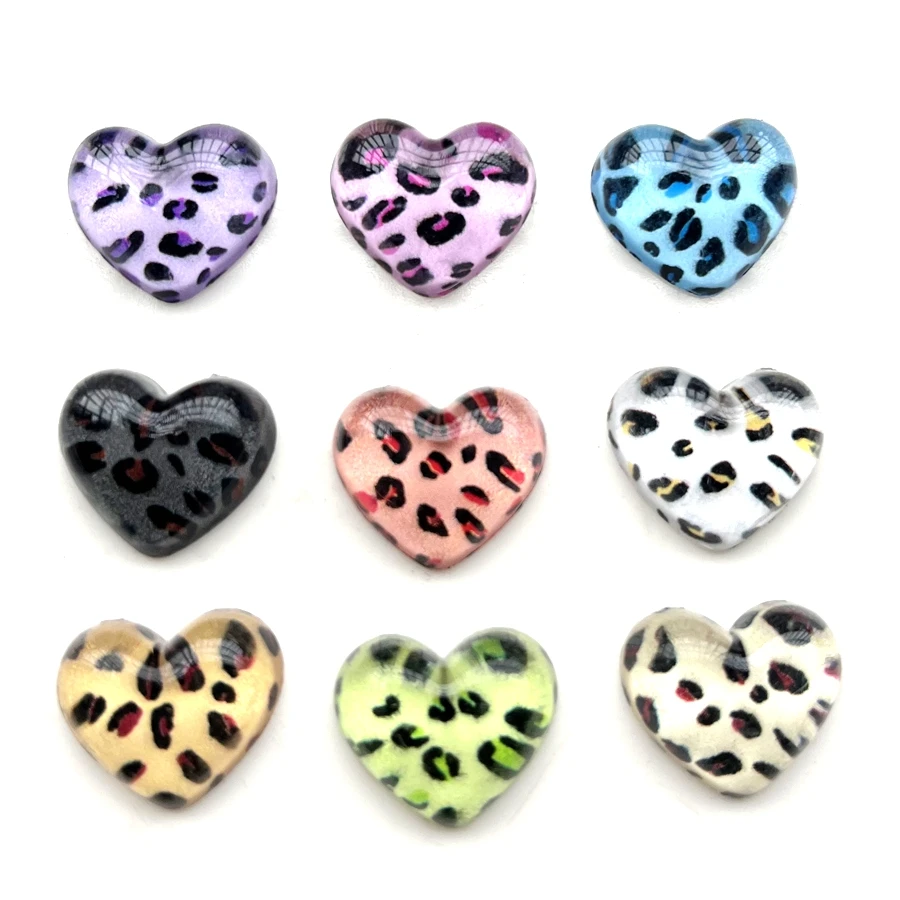 10 Uds. De diamantes de imitación acrílicos con estampado de leopardo en forma de corazón, álbum de recortes con parte posterior plana, adecuado para pinza para el pelo, producción de joyería, decoración DIY