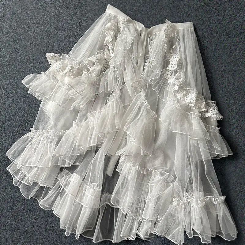 Gothic Lolita Lace Layer Mesh Ruffles Skirts for Women, Asymmetrical, Kawaii, Cute Curtain, Sheer Cover Up, Thin, Long Skirt