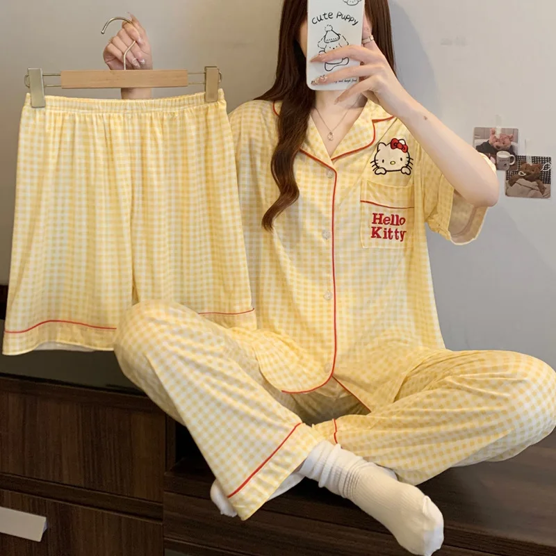 HelloKitty Conjunto de pijama para mujer de manga corta 3 piezas Primavera Verano Ropa para el hogar Suelta Cómoda