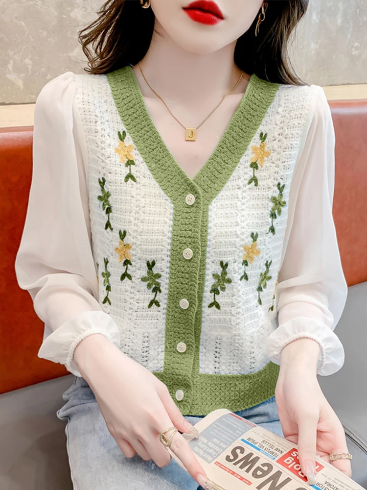 

Knit Jumper Tops 2024 New Autumn Winter V-Neck Pullovers Sweaters Shirt Long Sleeve Korean Slim-fit Flower Print Sweater R321