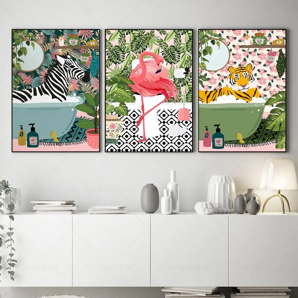Funny Animal Reading Newspaper on Toilet Bathroom Print Tiger Flamingo Giraffe Zebra in Bathtub Tropical Botanical Room Decor