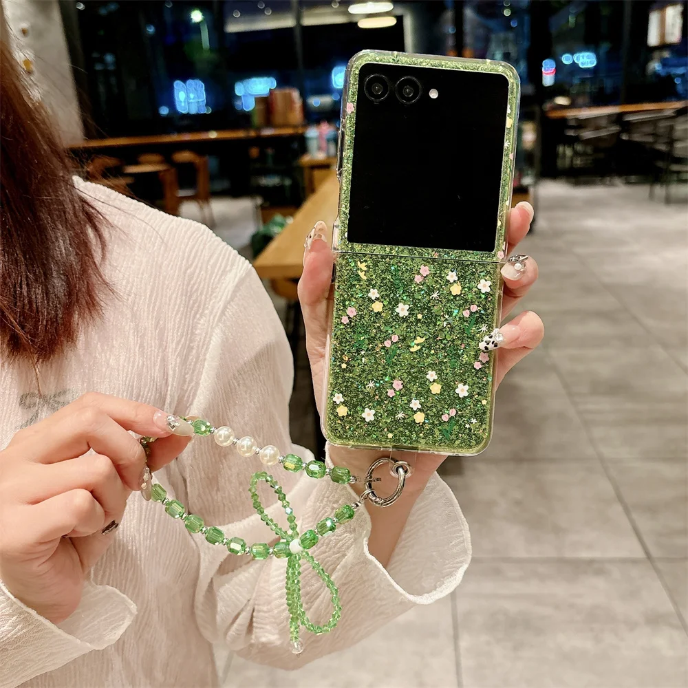 

For Motorola Moto Razr 70 60 Pro 50 Ultra Glitter Flower Pattern Phone Case Fashion Bracelet Protection PC Hard Shell Back Cover