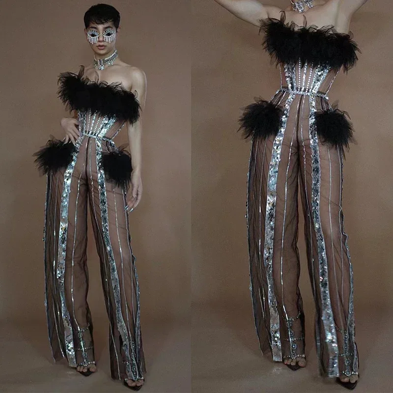 Sexy Mesh Transparent Pailletten Overall Frauen Pole Dance Kleidung Nachtclub Ds Dj Gogo Rave Outfits Drag Queen Kostüm XS7561