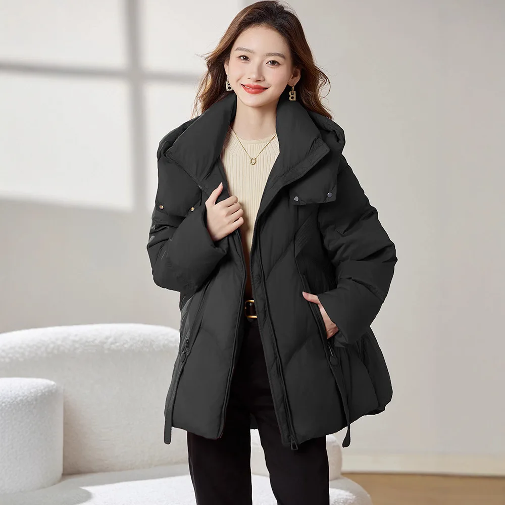 Nueva chaqueta de plumón europea de invierno para mujer, chaqueta holgada de plumas de ganso 90 con capucha para ir al trabajo