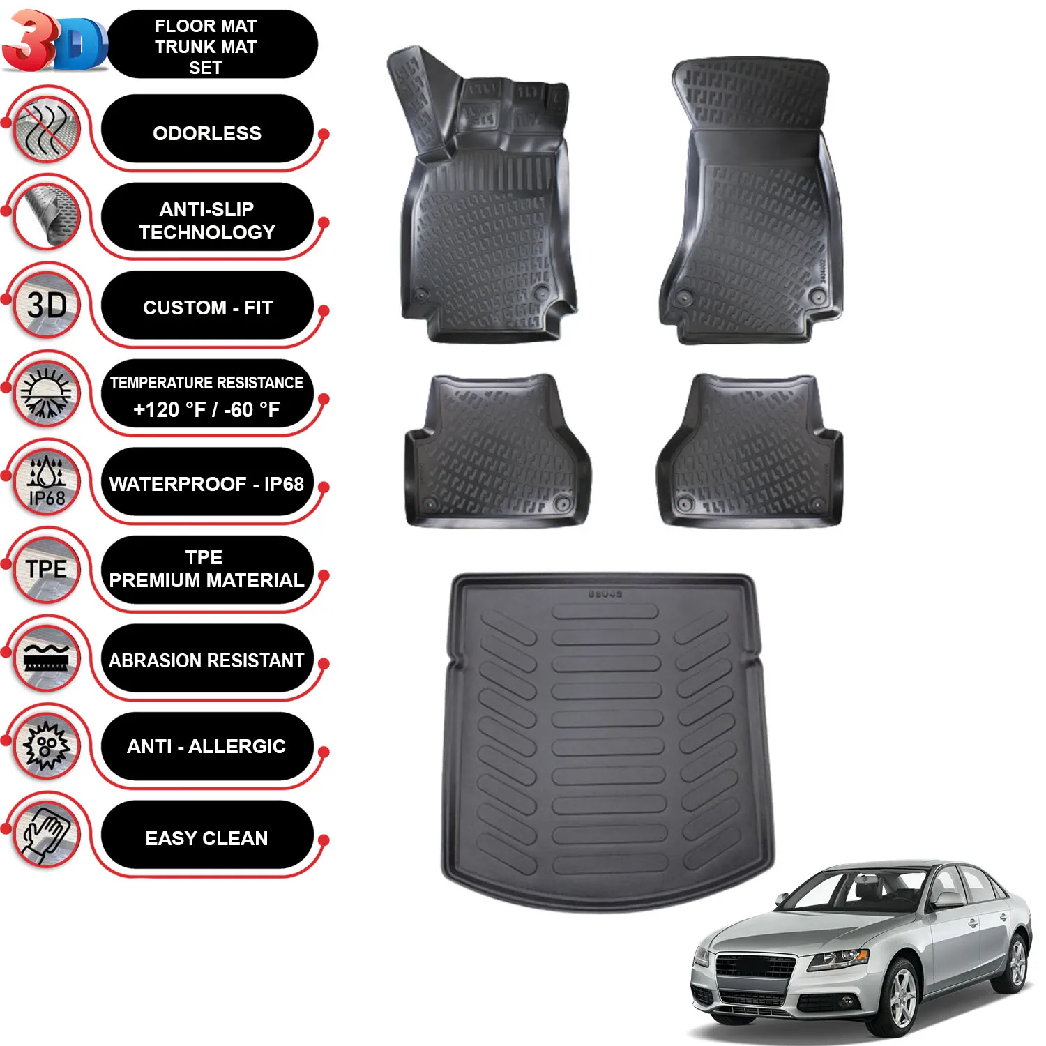 Audi A4 B8 - (2008-2016) - Floor Mats + Cargo Trunk Liner - SET - (Black)