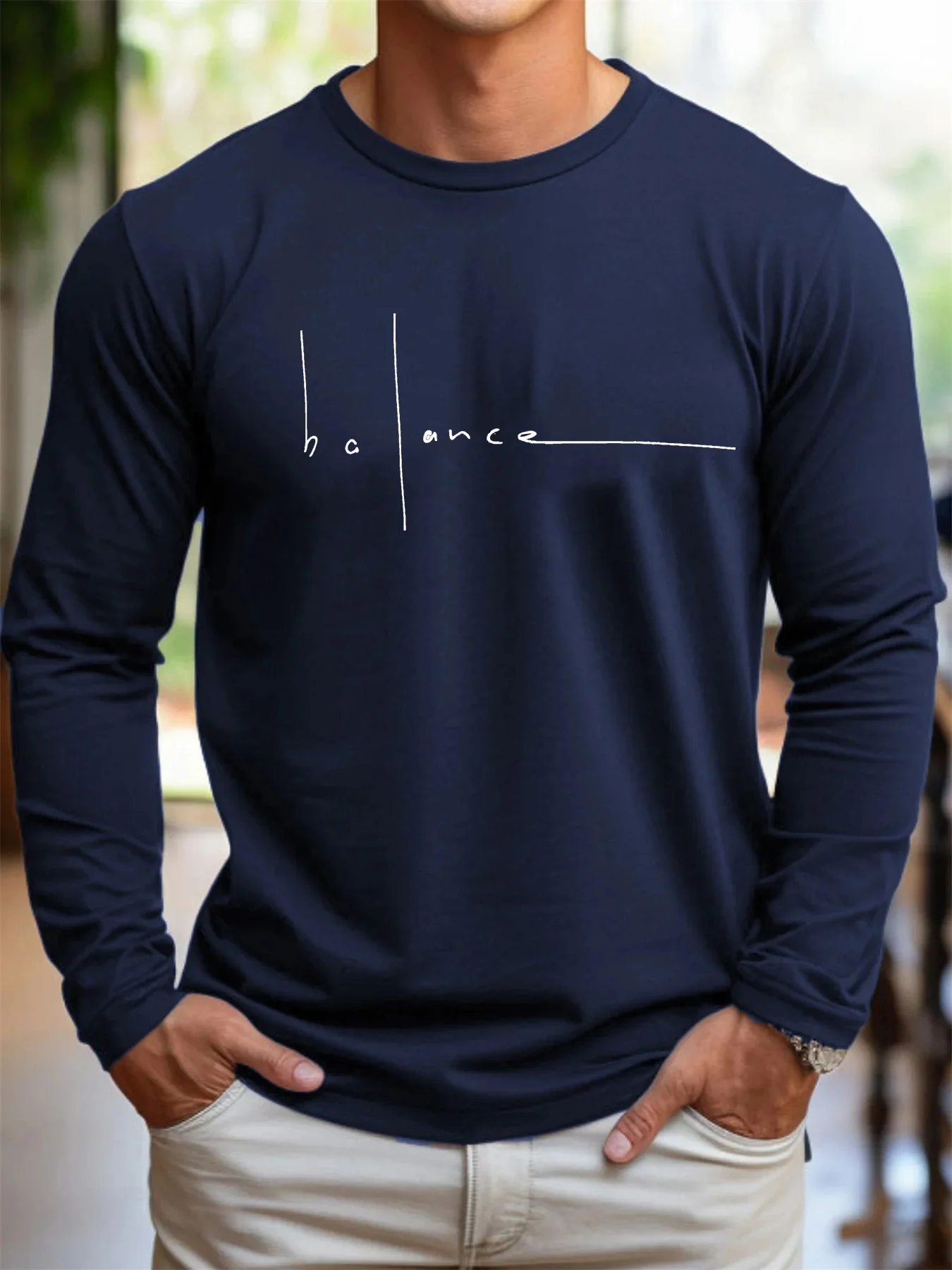 100 Cotton Men's Long Sleeved Round Neck Loose Balance Letter Pattern Printed Autumn and Winter Casual Versatile T-Shirt Top image 5
