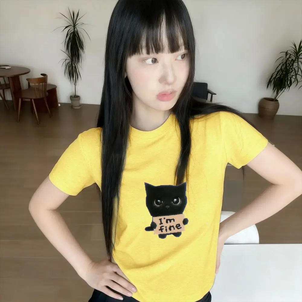 Vintage Black Cat Graphic T-Shirt Im Fine Women Tee Summer Short Sleeve Cute Print Y2k Streetwear Harajuku Casual Female Tops view 6