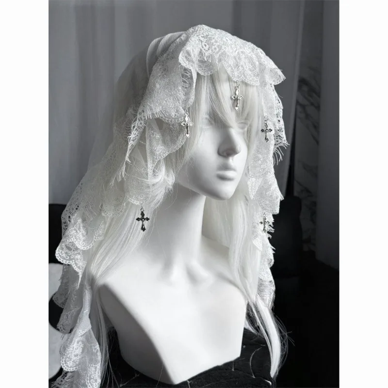 Fallen Angel lace cross pendant goth veil black and white contrasting colors dark wedding veil halloween cos photo props