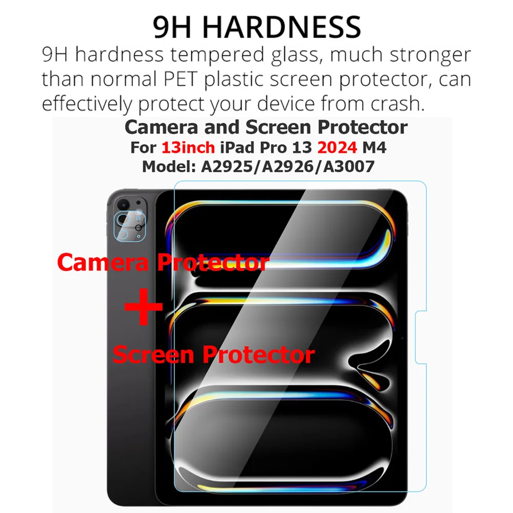 Camera and Screen Protector for iPad Pro 13 2024 M4 Model A2925 A2926 A3007 Arc Edge Clear Tempered Glass for 13