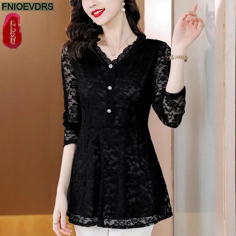 M-5XL 2023 Women Winter Spring Basic Black Lace Shirts Elegant Office Lady Loose Casual Ruffles Tunic Peplum Tops And Blouses