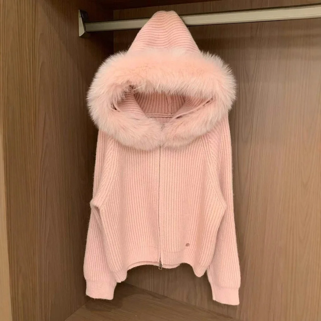 مقنعين انفصال كبير أفخم طوق سترة الخريف الشتاء طويلة الأكمام محبوك رقيق سترة المرأة الجديدة سستة سترة