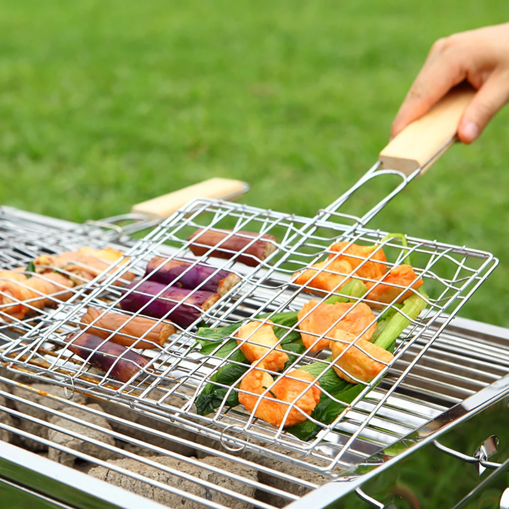 1 Pcs Barbecue Grilling Foldable BBQ Grill Basket with Wooden Handle Easy Clean for Beach Garden Picnic Cooking Tool