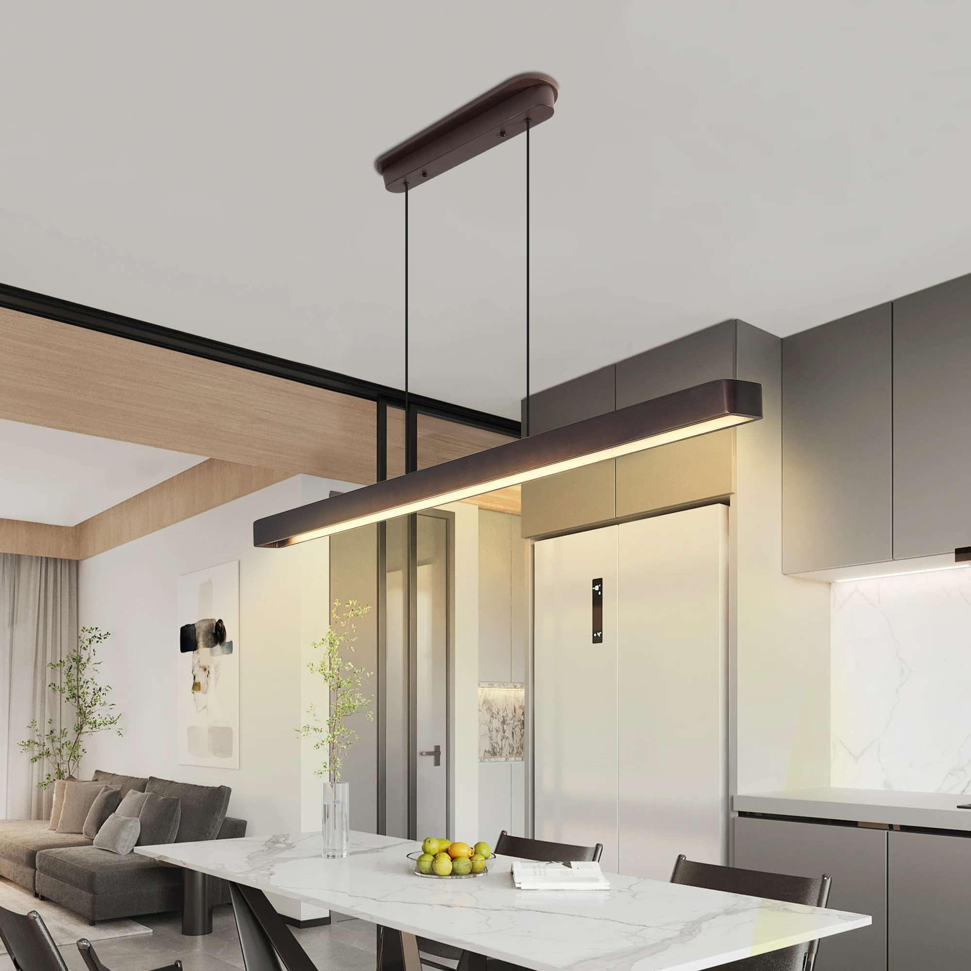 Arlgsite Minimalist 51" Wood Linear Pendant Light Fixture Led Dimmable Ceiling Pendant Hanging Light Adjustable Billiard Pool