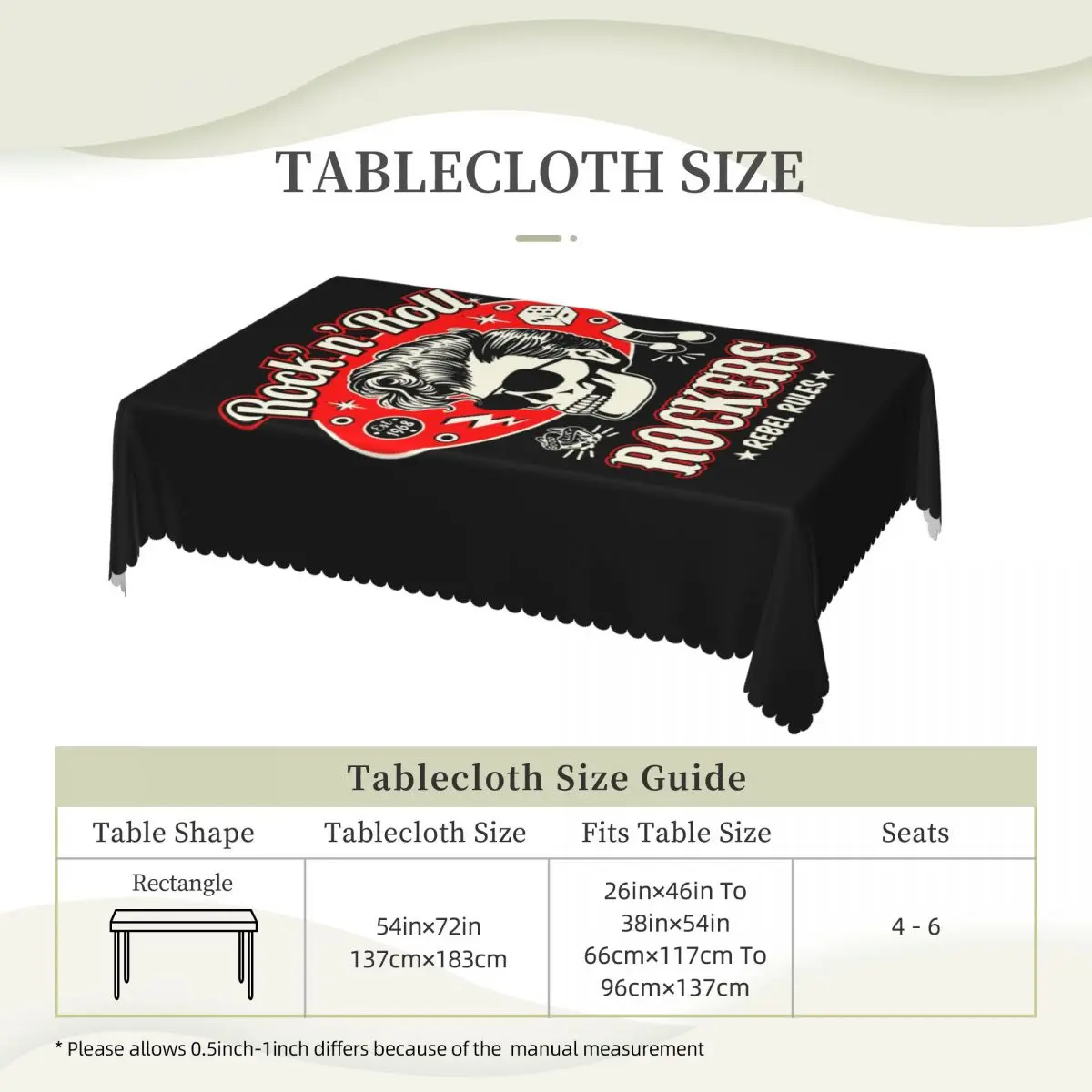 أغطية طاولة مستطيلة ، قماش طاولة ، أغطية طاولة ، روكابيلي روك أند رول ، نرد جمجمة ، هزاز ، مخصص ، مناسب 40 "إلى 44" #6