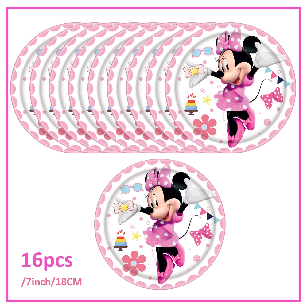 Disney Minnie Mouse Birthday Party Decoration Pink Minnie Paper Cups Plates Napkin Tablecloth Tableware Balloosn Baby Shower Kid